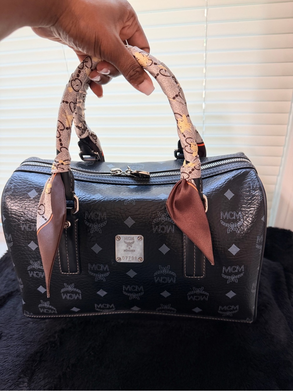 MCM Large Black Visetos Boston Satchel with Printed Handle Wraps n Brown Accents
